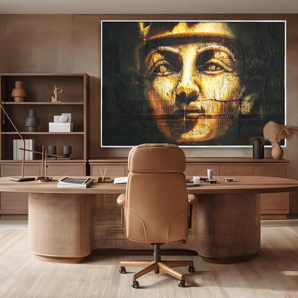 Tablou canvas cu tablou canvas cu chipul unui faraon, in rama de aluminiu argintiu, pe perete intr-un birou